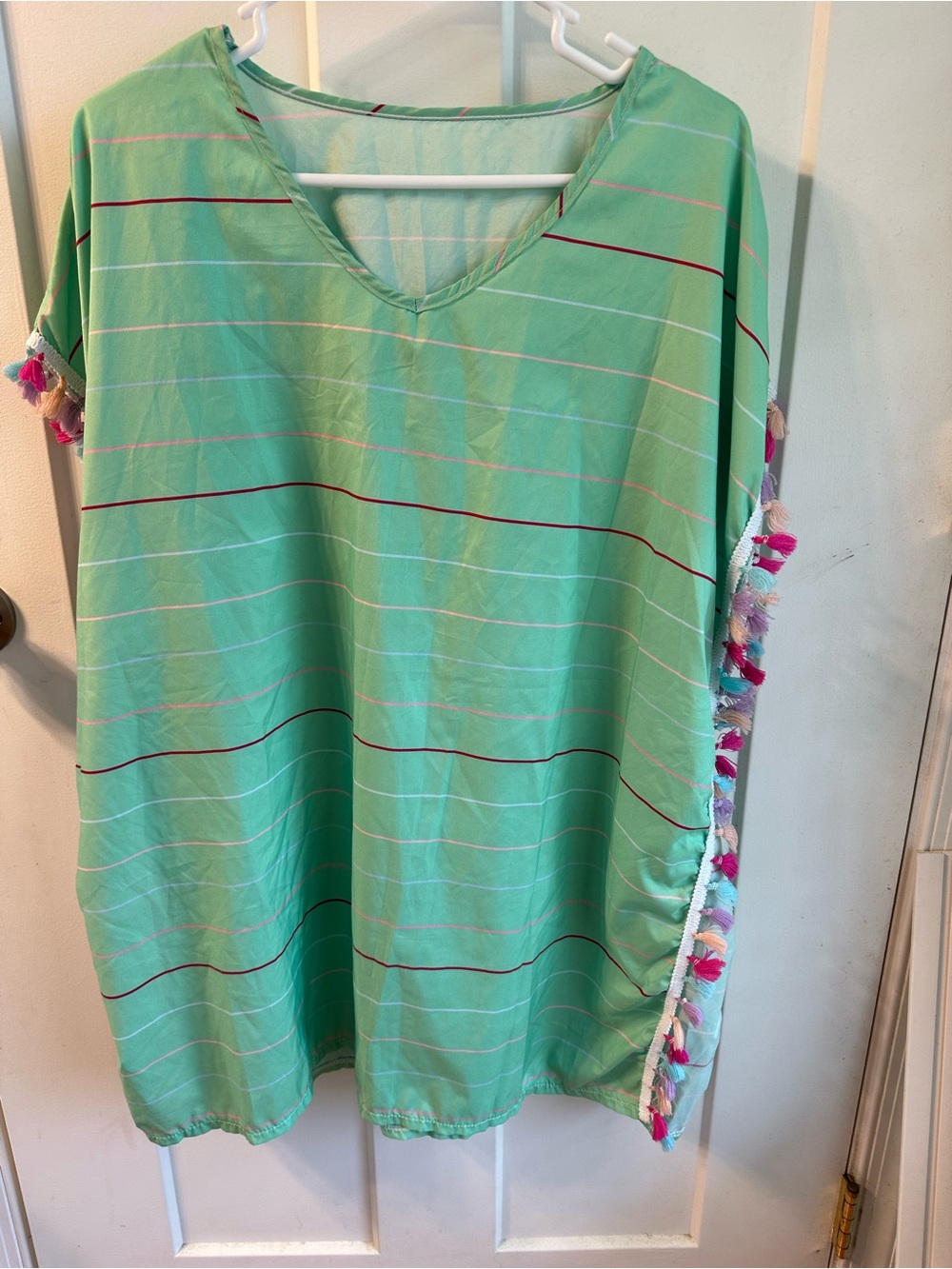 Women's Mint Green Striped Swim Coverup with Tassel Trim